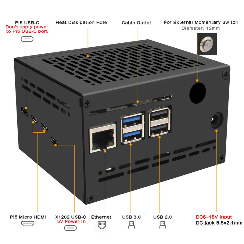 Geekworm X1202-C1 Metal Case for Raspberry Pi 5 & X1202 UPS & Active Cooler & X1000/X1001/X1003/X1004/M901 PCIe Top