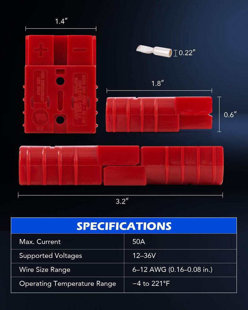 Orion Motor Tech Wire Connector 4 Pack, 50A Wire Harness Plug Kit for 6-12 Gauge Cables, 12V-36V Battery Quick Connect Disconnect Set for Car Bike ATV Winches Lifts Motors More, Set of 4, Red 50A(4 Pack)