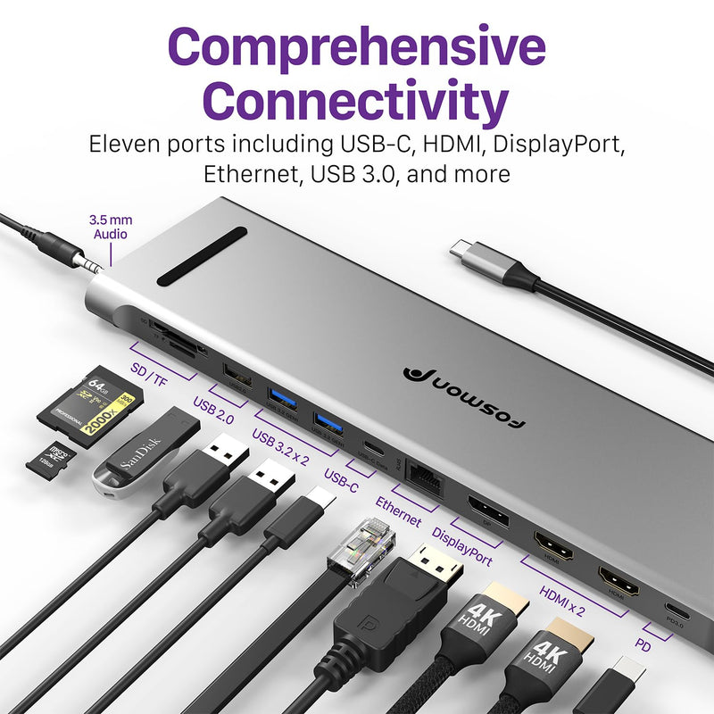 Fosmon USB C Hub (11-in-1) Desktop USB Hub with 2x HDMI (4k@60Hz), DisplayPort (4K@60Hz), x2 USB-C (USB 3.0) x2 USB 3.0, USB 2.0, TF 2.0, RJ45 Ethernet Port compatible with MacBook, Lenovo, HP Laptops