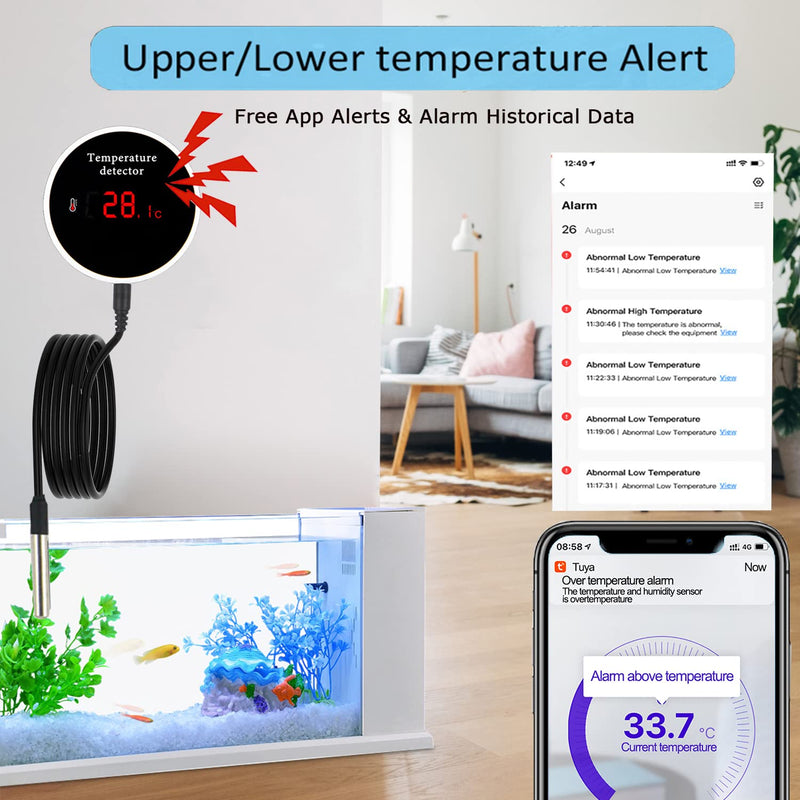 WiFi Smart Thermometer: WiFi Temperature Sensor with 1M Waterproof External Probe, App Alert & Buzzer Alarm, Digital Remote Temperature Gauge for Refrigerator, Fish Tank, Pet