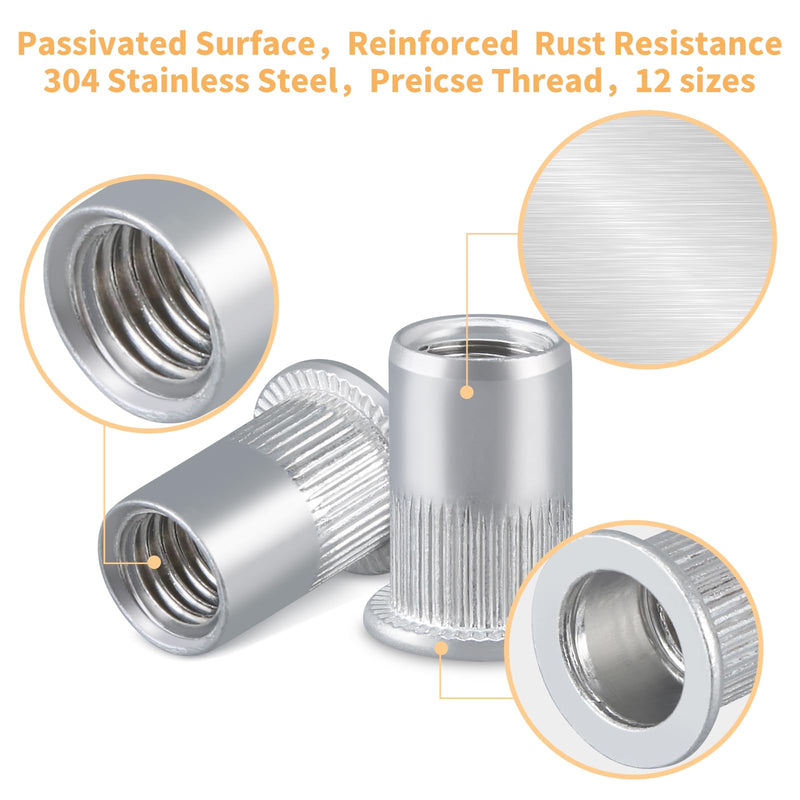 Metric & SAE Rivet Nuts Assortment kit, 300 Pcs Stainless Steel Rivet Nuts kit, M3 M4 M5 M6 M8 M10 M12#8-32#10-24 1/4"-20 5/16"-18 3/8"-16 Stainless Rivet nut rivnuts Metric & SAE-300pcs Silver