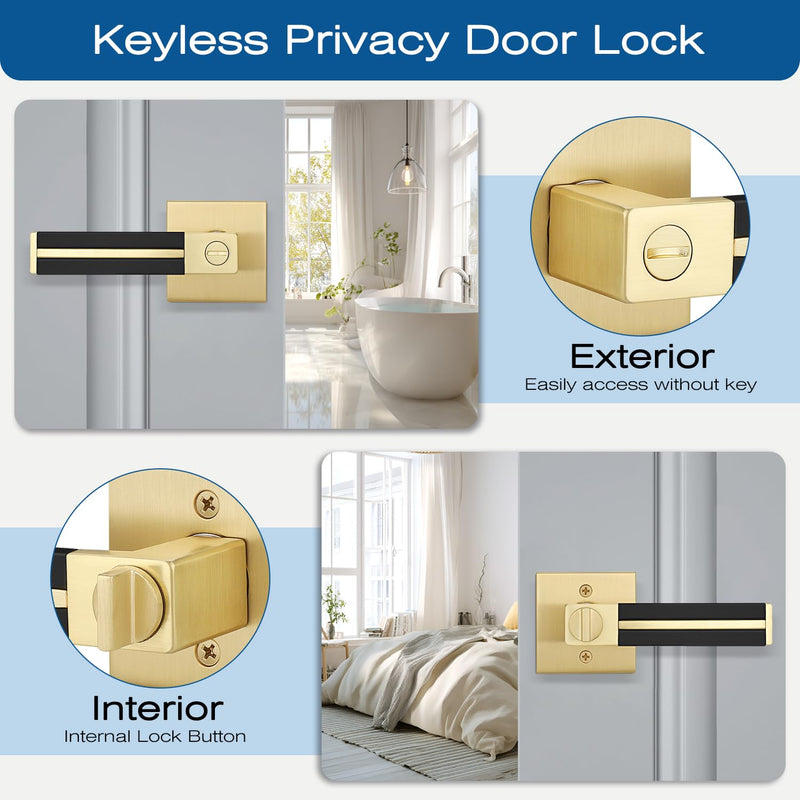 Gold Door Handle 1 Pcs, Privacy Door Levers with Black Leather Handle, Brass Interior Bedroom Bathroom Door Knob, Heavy Duty Privacy Bed/Bath Door Lockset, Reversible for Right/Left-Handed Door 1 Pack Privacy Door Handle - No Key