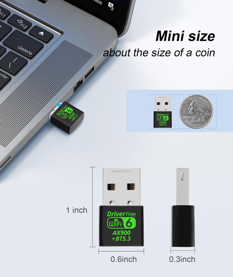 AX900M USB WiFi 6 Adapter for Laptop,2 in 1 Bluetooth 5.3 Dual Band 5/2.4Ghz Wireless Network Adapter,Built-in Driver for PC/Laptop/Desktop 4dBi Antenna Compatible with Windows 10/11 AX907B
