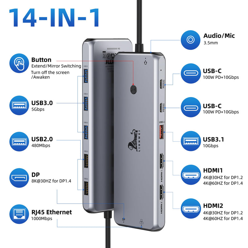 Docking Station Dual Monitor 4K HDMI 13-in-1 USB C Hub for Laptop MacBook | LIONWEI Triple 4K, Dual HDMI+DP, 10Gbps, 100W PD, Ethernet, 8 USB C/A Ports, Switching Mode Botton, Audio, for Dell,HP,Lenovo 13-in-1 Docking Station (USB C)