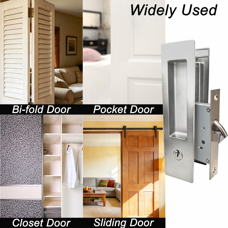 Pocket Door Lock with Key Privacy Pocket Door Handle Hardware with Lock for Bathroom Bedroom Invisible Rectangular Edge Pull Furniture Hardware(Brushed Sliver, 7 Inch) Brushed Nickel