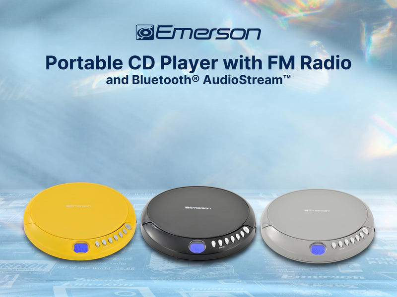 Emerson EPCD-2003 Portable CD Player with FM Radio, Bluetooth 5.3 AudioStream™, 60-Second Anti-Shock, 20-Track Memory, LCD Display, Dual Power (Micro-USB/Battery) & Earphones Included Gray