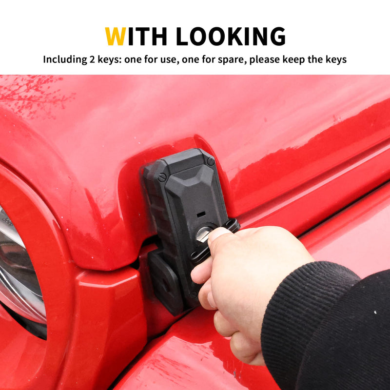 Locking Hood Latch Hood Lock Compatible with 2018-2025 Jeep Wrangler JL 4XE Gladiator JT Hood Latches Kit Hood Catch Replacement Accessories, Eliminate Hood Flutter, 1 Pair Black Blade, 2x Keys