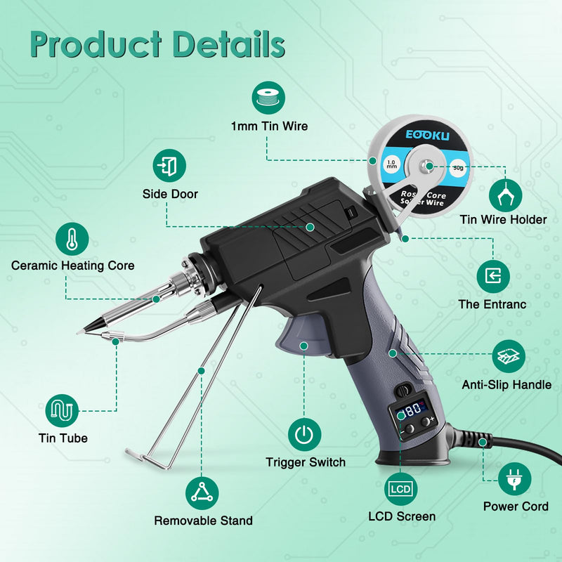 Soldering Iron gun Kit,60W Auto Feed Soldering Kit with Adjustable Temperature LCD Display,Wire,Tip Cleaner,5 Tips,Pump,Tweezers for Electronic PCB Repair,DIY