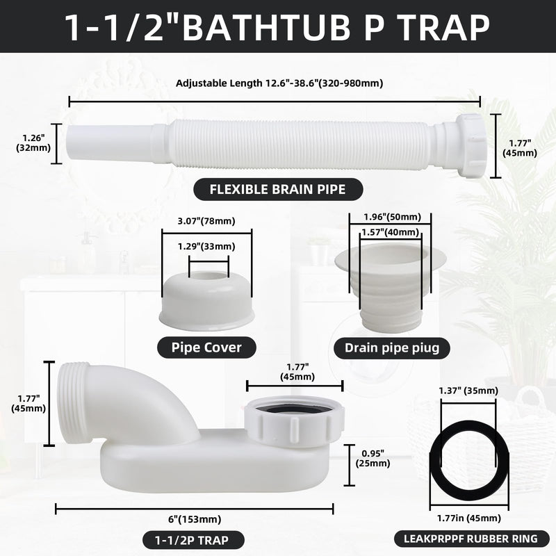 Flexible Bathtub Drain Pipe, Upgraded No-leak Low Profile 1 1/2 P Flat Drainage Pipe Kit, Flat P Trap Freestanding Tub Drain Flex-Drain for Bath