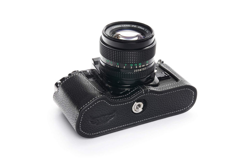 A-1 Case, BolinUS Handmade Genuine Real Leather Half Camera Case Bag Cover for Canon New AE-1 AE-1P A-1 (with Handle) Camera with Hand Strap (Black) Black