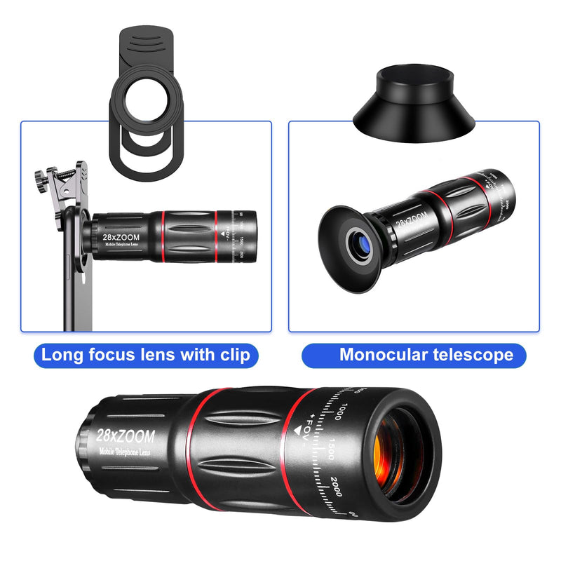 Phone Telephoto Lens 28X | Macro Lens for iphone With E-Clip and Tripod, Suitable for Most Smartphones(Black)