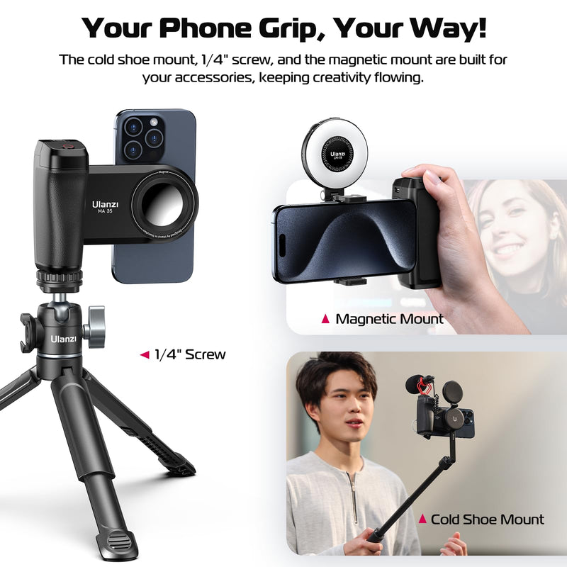 ULANZI Selfie Phone Tripod Mount MA35, 2-in-1 Magnetic & Phone Clip Camera Grip Handle Holder with Detachable Remote Shutter with Cold Shoe Adapter for iPhone 14 15 Samsung Smartphone Video Shooting