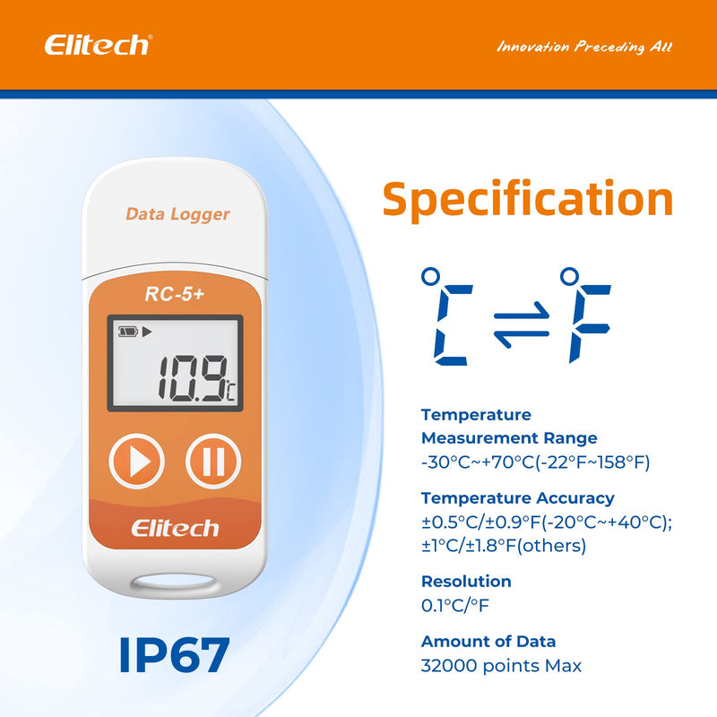 Elitech RC-5+Digital PDF USB Temperature Data Logger Reusable Recorder Refrigerator Thermometer 32000 Points High Accuracy Auto PDF Report Celsius(℃) 1