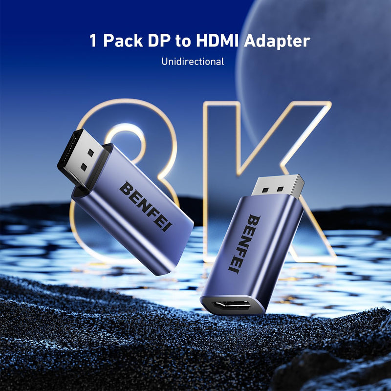 BENFEI DisplayPort 1.4 to HDMI 2.1 Adapter 8K@60Hz/4K@240Hz/1080P@480Hz, Unidirectional DP Computer to HDMI Monitor, High-Spec Aluminum Converter for Gaming Monitor, TV, AMD, NVIDIA