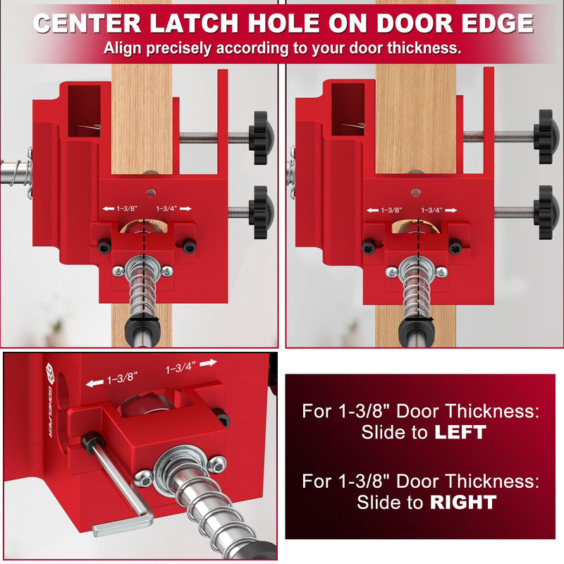 Door Lock Installation Kit for 1-3/8" and 1-3/4" Wooden Doors with Guide Template, Aluminum Alloy Door Hole Drilling Kit, Door Lock Jig Clamp Design Fits 2-3/8" and 2-3/4" Backsets, Drill Bit Included