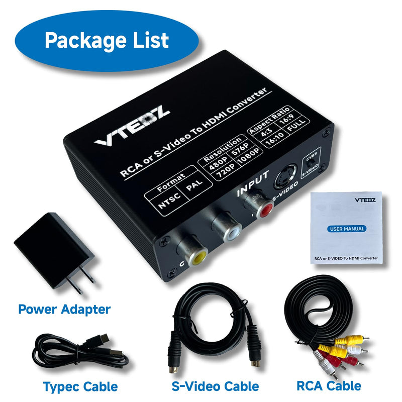 RCA/S-Video to HDMI Converter, Composite AV/Svideo to HDMI Adapter | 4:3/16:9/16:10/Full-Screen Modes, 480P/576P/720P/1080P Output, VCR/VHS/DVD/PS1/PS2/N64/Wii/GameCube/NES Classic Compatible