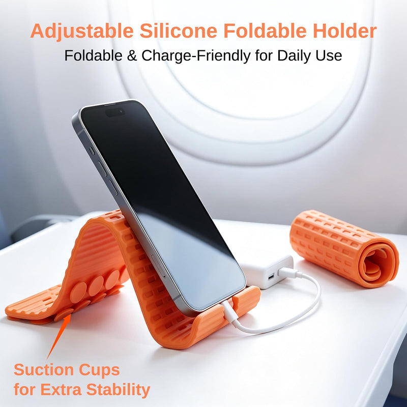 Airplane Phone Holder, Silicone Foldable Phone Stand for Desk and Travel | Bendable Phone Holder for Plane, Desk, Bed and Treadmill Use, Fits Phones and Tablets, with 24 Suction Cups and Charging Port Black