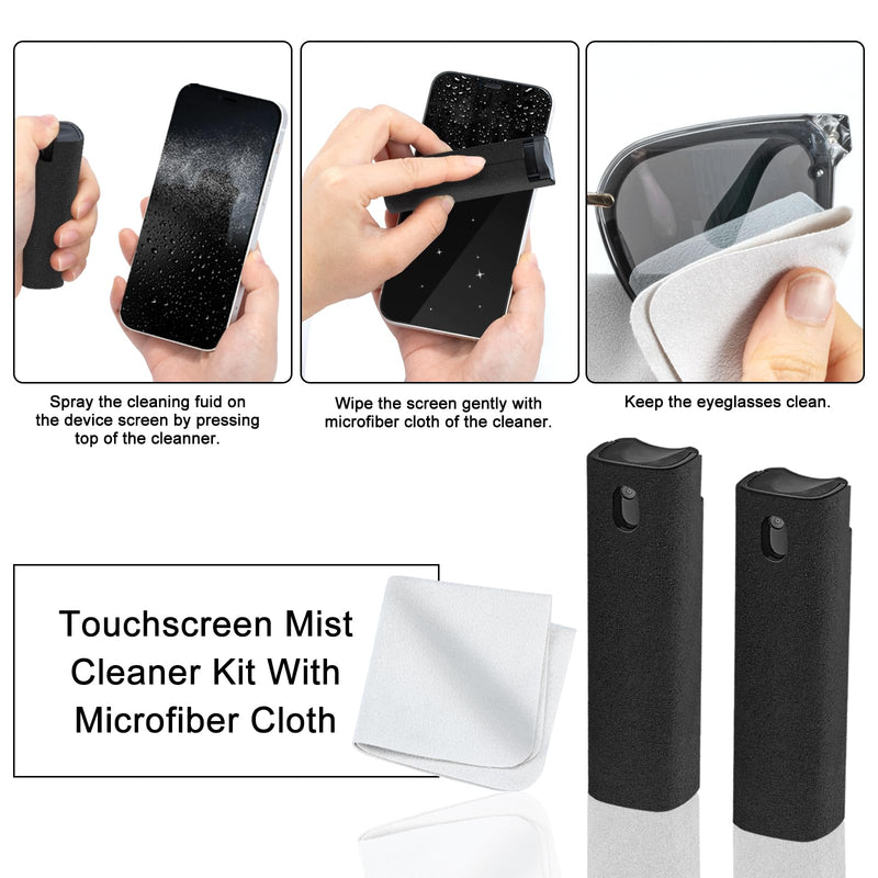 Screen Cleaner 2 Pack, Mobile Phone Screen Wipe, Laptop Cleaning Electronic Kit for Airpods, Car, iPhone, iPad, Macbook, Tablet, Monitor,Lens, TV with Cloth, Brush and Pen - Black Black