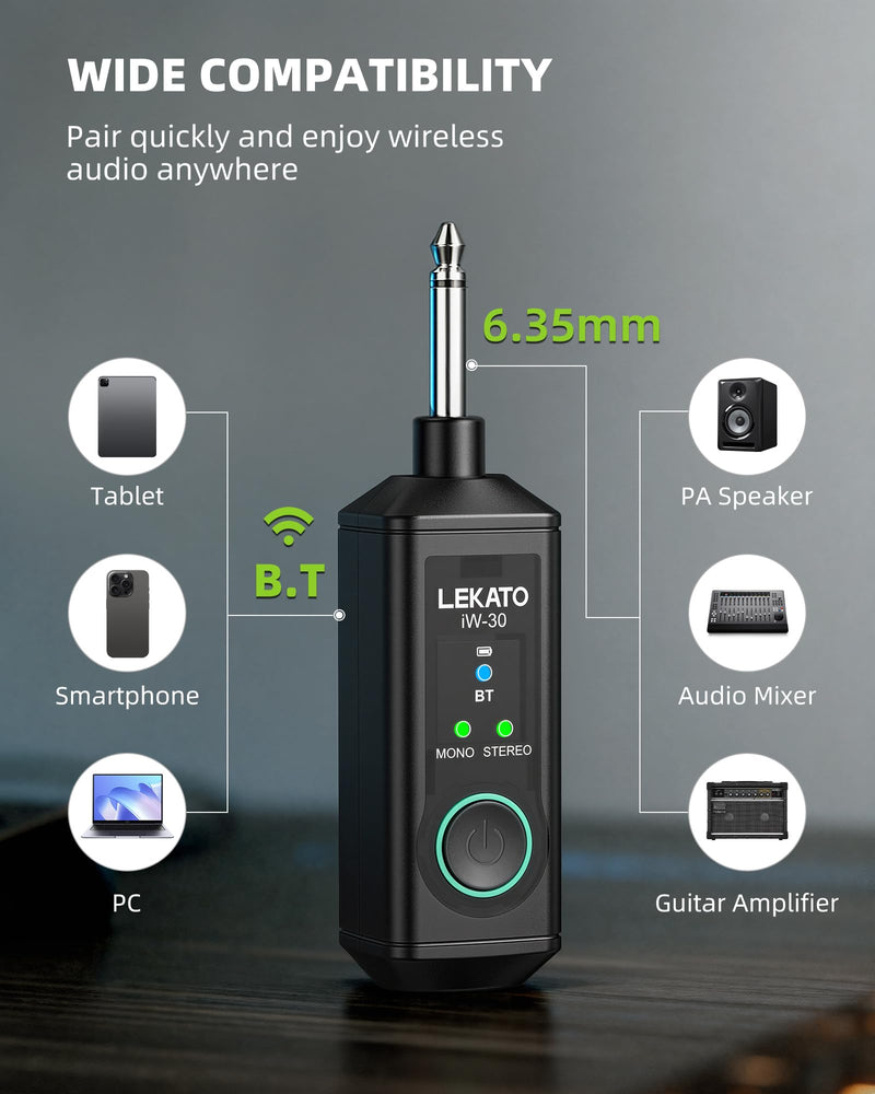 LEKATO Dual iW-30 Bluetooth Receivers with 1/4" TS Plug, BT 5.3 Wireless Audio Adapter, 48kHz/24bit Stereo Audio, for Audio Mixer, PA Speaker, DJ System,165ft Range,15H Battery Life(2 Pack for Stereo)