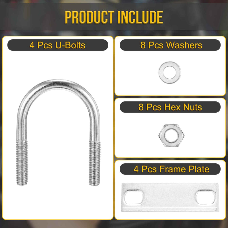 DTGN M10x51x85mm U Bolts Round Kit - 4Set - 304 Stainless Steel U-Bolt Kit with Nuts, Washers, Frame Plate - Good for Pipe, Trailer, Automotive, Leaf Spring Fastener 4