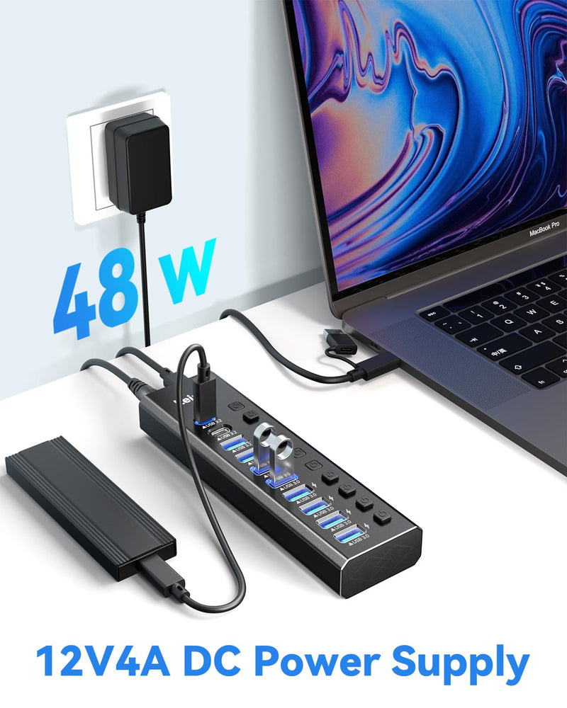 Powered USB Hub 3.2, LEINSIS 10-Port USB 3.2/USB C Hub (10Gbps USB-A 3.2 +2 USB-C 3.2 +7 USB 3.0 Ports) with Individual On/Off Switches and 12V Power Adapter, Aluminum USB Hub Powered for Laptop PC 10-Port USB 3.2 Hub light black