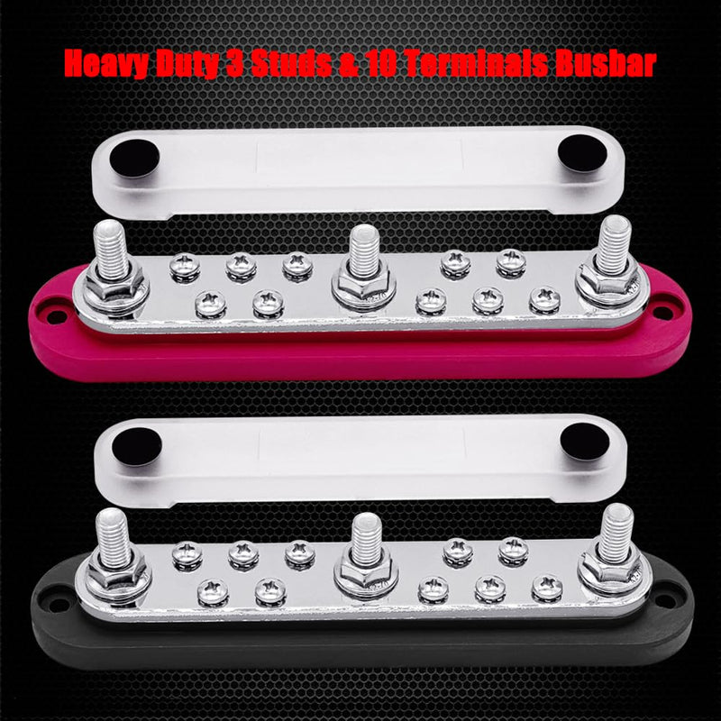 Ampper Power Distribution Block Bus Bar 12V, 3 x M8 (5/16") Studs & 10 x M4 (#8) Terminal Screws, 7" HD 200A Marine BusBar Battery Distribution Block W/Cover (Red & Black) Red & Black 3M8+10M4