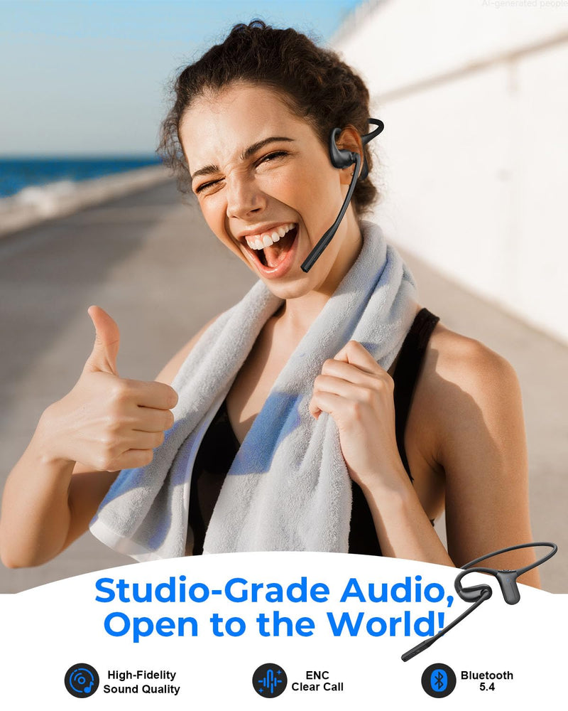 Open Ear Headphones with Mic, Bluetooth Headphones with MicMute-Matte Black | Rotatable Noise Cancelling Mic, Dual-device Connect, 20H&28g Secure Bluetooth Headset for Trucker/Work Calls/Driving/Workouts