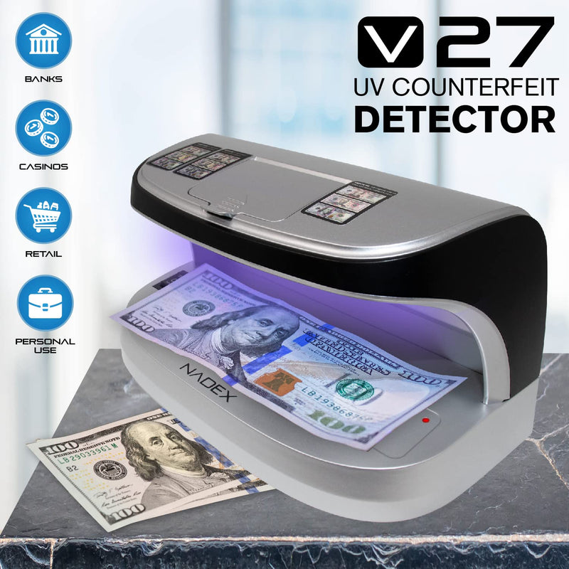 Nadex V27 Desktop UV Counterfeit Detector with Micro Print Magnifier - Verifies Bank Notes, Checks, Passports, Credit Cards - Ultraviolet/Magnetic/Infrared Sensor for Fake Detection