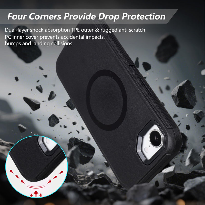 for iPhone 17e Case with Belt Clip Holster, Compatible with MagSafe, Black | Heavy Duty Rugged Defender Cover for iPhone 17e, 3-Layer Shockproof Anti-Drop Durable Works Outdoors Protective Case