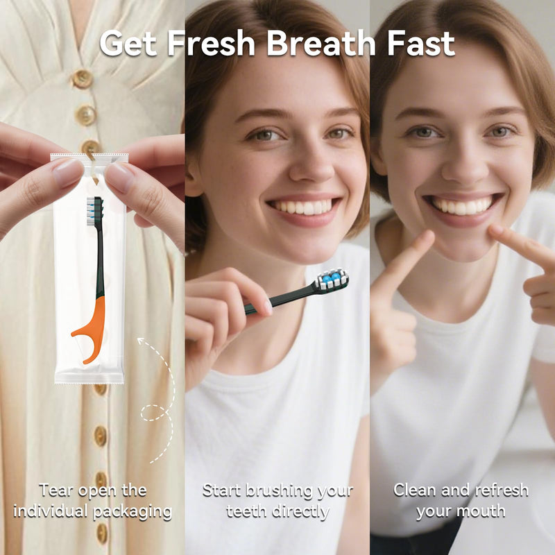 70Pack Disposable Toothbrushes with Toothpaste + Pick + Floss + Tongue Scraper 5-in-1 Mini Prepasted Travel Toothbrush for Hotel Camping Flight Car Single Use Portable Individually Wrapped | Mint Orange - Burst Bead 70 Pack