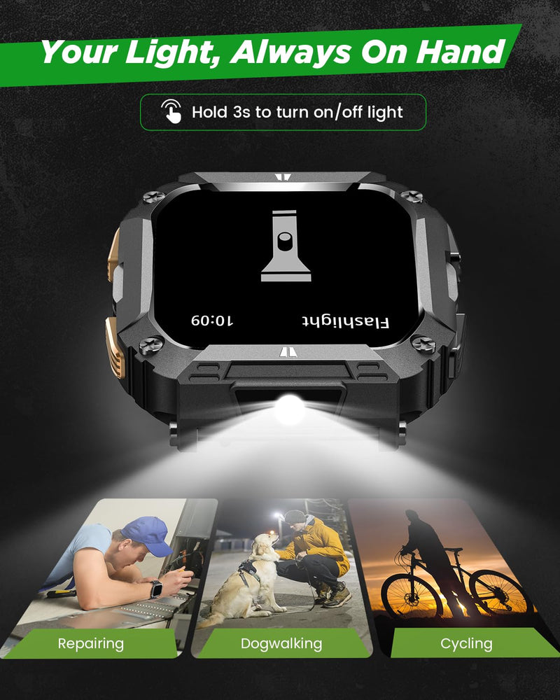 FOSMET 1.95'' Smart Watches for Men(Flashlight&100 Days Battery Life) | Waterproof Military Fitness Smart Watch with Call/Sleep/SpO2/Heart Rate/Step Tracker, 100+Sport Smartwatch for Android iPhone Black 1.95"