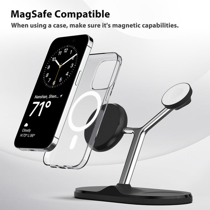 3-in-1 Wireless Charging Station with MagSafe - 5W Fast Charging for Apple Watch, Compact Foldable Charger Stand for iPhone 12-15 Series & AirPods, Smart Indicator, Power Adapter Included Black Included adapter