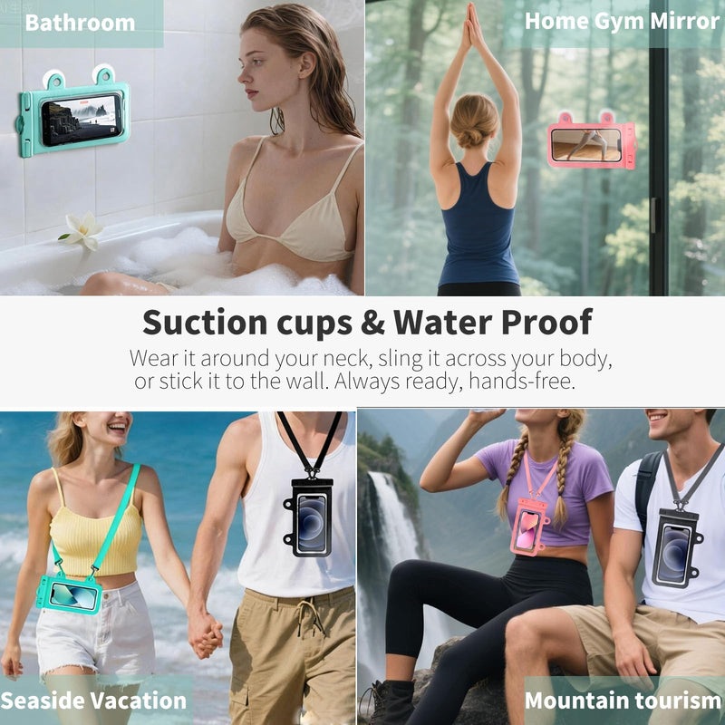 Larger Waterproof Phone Pouch iPhone &Shower Phone Holder Waterproof with 2 Suction Cups,Water Phone Protector Pouch with Adjustable Lanyard for iPhone 17 16 ProMax (Black+Pink, 2 PCS) Black+Pink