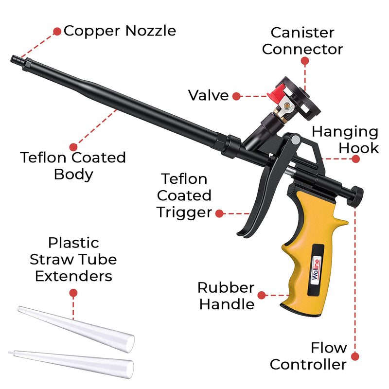Professional Spray Foam Insulation Gun (2 Foam Gun + 8 Nozzle), Teflon-Coated Expanding Foam Gun, Foam Dispensing Gun, for Caulking, Insulating Foam Applicator Yellow - 2 Pack