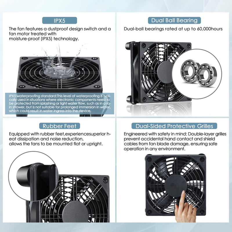 120mm IPX5 Waterproof 10-Speed Adjustable Case Fan - 5V/12V Dual Voltage USB/DC Powered - for Xbox, Router, DVR & Receivers 120MM FAN Single fan