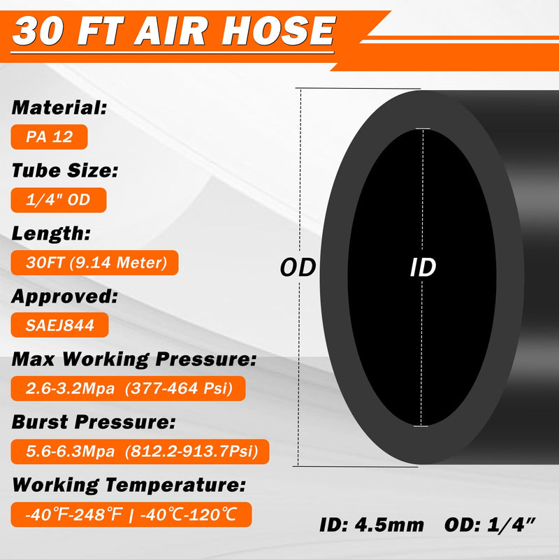Air Line Kit for Air Spring Bag Suspension with Fittings, 30 FT PA Hose Truck Airbag Line with 1/4 NPT DOT Air Fittings, Replacement Valve for Airbag Suspension in Semi Truck Trailer 7 PCS Black