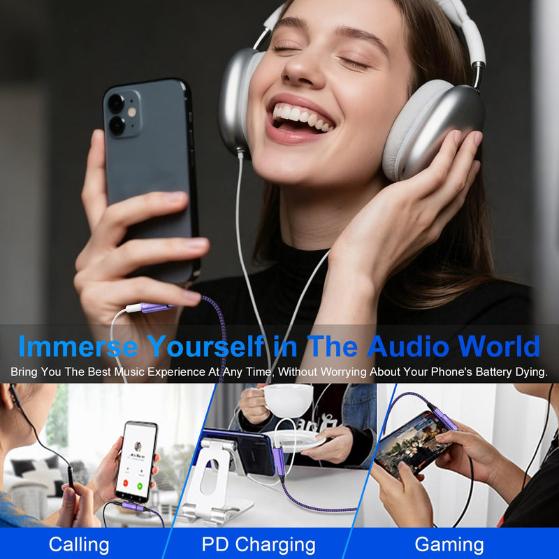 USB C to 3.5mm Audio Adapter 2 in 1 Type-C to Aux Headphone Hi-Res Adapter | with 60W Fast Charger for iPhone 17e/17 Pro Max/16e/16/15 Pro Max/Samsung Galaxy S26 Ultra/S25/S24/S23/S22/S21/S20/A17/A16 Purple