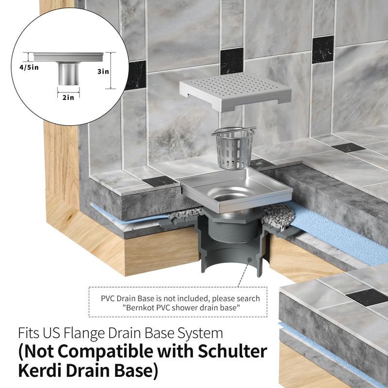 Square Shower Drain 6", 304 Stainless Steel Floor Drain w/Hair Strainer, Grid Shower Drain w/CUPC Certified, Brushed 6 Inch