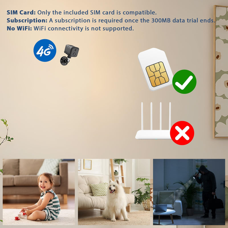 Cellular Security Camera Wireless, No WiFi Security Camera Indoor, 4G LTE Home/Office Cam with Auto Night Vision, Built-in SIM Card, 2K Live Video, 20 Day Standby Battery, PIR Motion Detection Single Lens-4G LTE