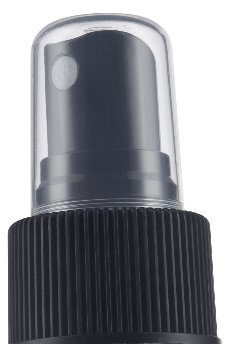 JUVITUS (12 Pack) 2 oz Frosted Amber Glass Boston Round Bottle with Black Fine Mist Spray + Funnel