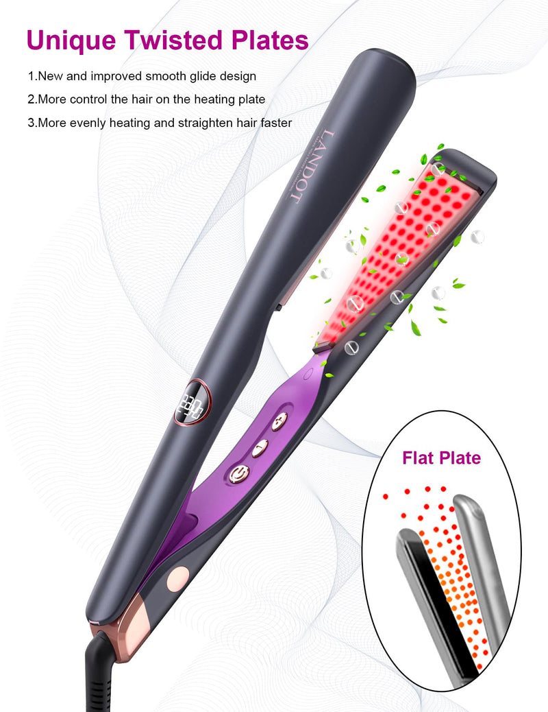  [AUSTRALIA] - LANDOT Hair Straightener and Curler 2-in-1, Twist Flat Iron, Dual Voltage | Curved Floating Ceramic Plates for Straighten Curl Wave, Sleek Frizz-Free Styling, Fast Heat-Up 120-230°C, Heat Resistant Mat Black