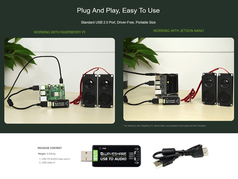 Waveshare USB Sound Card for Raspberry Pi/Jetson Nano USB Audio Module External Audio Converter Recording and Playback Support Stereo Codec Onboard Microphone and Speaker Header No Driver Required
