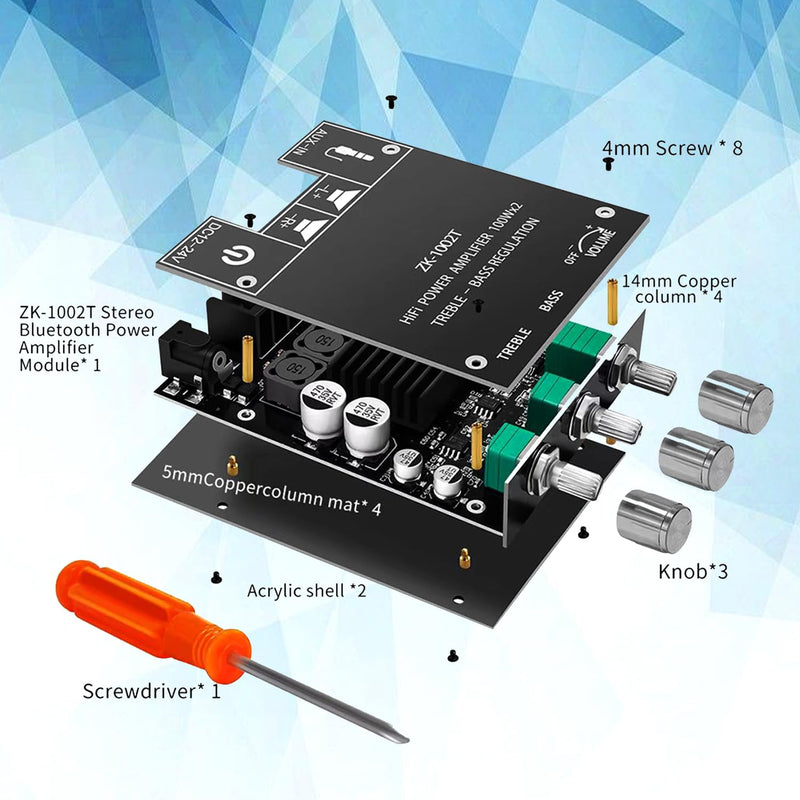 ZK-1002T Bluetooth Audio Amplifier Board,100W×2Power Amplifier,DC12-24V Bluetooth Audio Power Amplifier Board, Board with Treble and Bass Control,Supports AUX/Bluetooth ZK-1002T