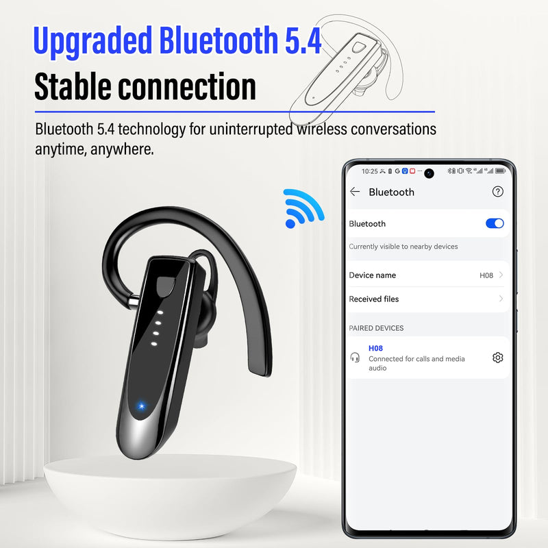 Atheewon Bluetooth Earpiece, Wireless Handsfree with Noise Cancelling Mic, 20Hrs Call Time Bluetooth 5.4 Headset, 180 Hrs Standby Time Headset for Business/Trucker/Driver Glossy Black