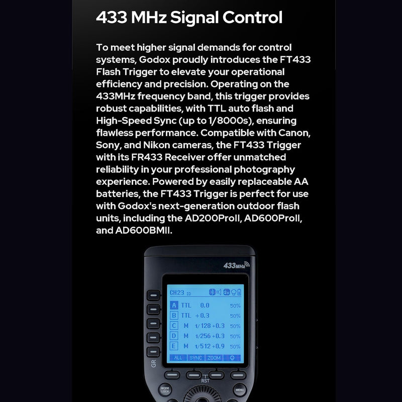 GODOX FT433-S HSS TTL Wireless Flash Trigger for Sony Camera,433 MHz Signal Control,TCM Switch,Hot Shoe,Single-Contact, Rapid-Fire