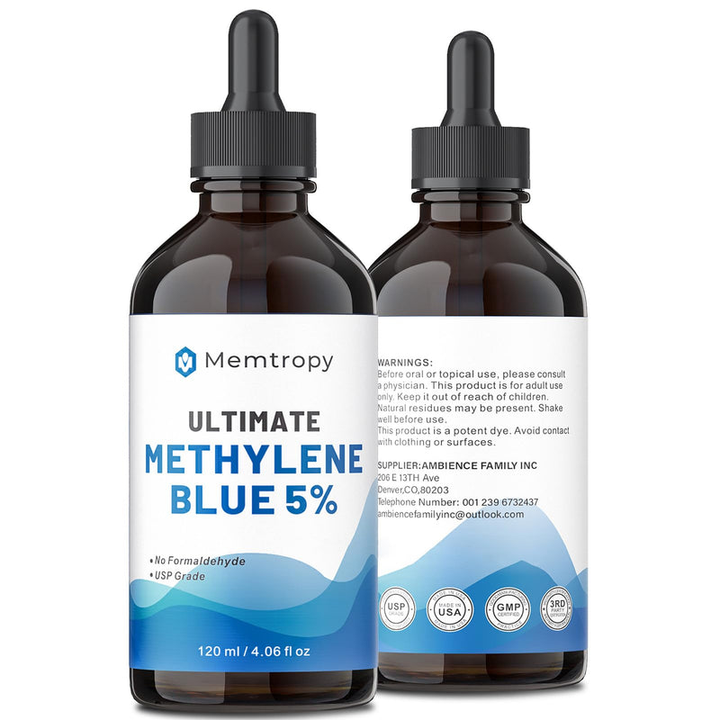 Methylene Blue Pharmaceutical Grade 4.06 fl oz (120 mL), 99% Purity Supplement for Humans, Formaldehyde-Free, Alcohol-Free, Glass Bottle