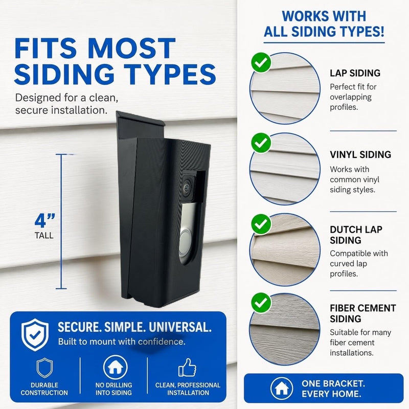 No-Drill Ring Doorbell Mount for Vinyl Siding | Compatible with Ring Video Doorbell 1, 2, 3, 4 & Battery Models | Damage-Free Siding Clip Mount | Easy Installation | Apartment & HOA Friendly