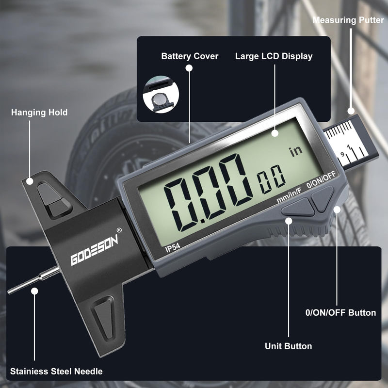 GODESON Digital Tire Tread Depth Gauge - IP54 Waterproof, 2.5" LCD Screen, 3 Modes (Fraction/Inch/MM), 1" Range, Auto-Off, Tire Wear Measure Gauge Tool 32nds for Car, Truck & SUV Tires IP54 IN/MM/FRAC - Grey