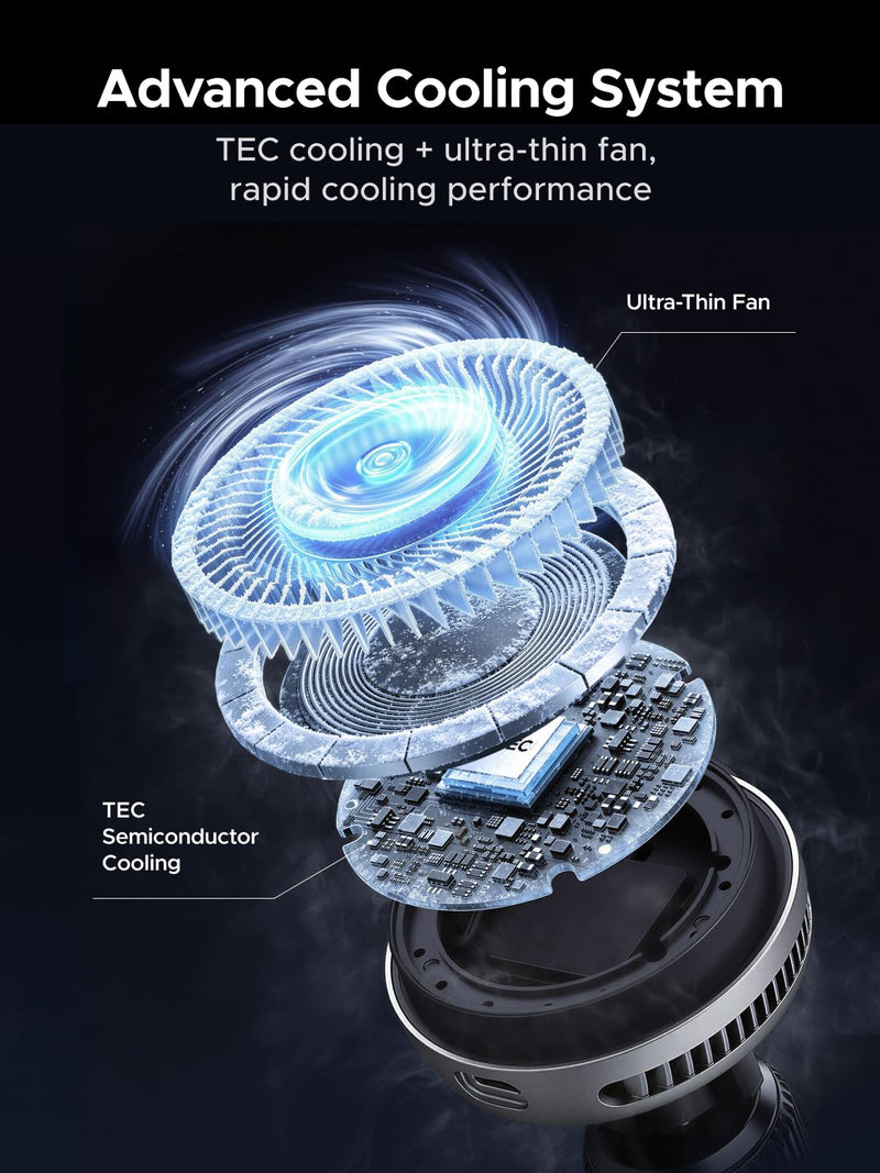 UGREEN Qi2.2 25W Wireless Car Charger Mount with Silent Cooling Fan (TEC) | Air Vent Clip and Fast Power, LED Lights, 360°Adjustable Car Phone Holder for iPhone 17-12 Series, 5FT Cable, No Adapter