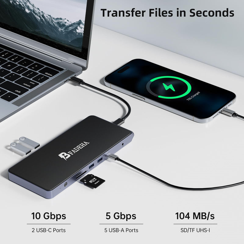 USB C Universal Docking Station for 3 Monitors, Power Adapter Attached - 14 in 1 Hub with HDMI*2, DisplayPort 4K60Hz, 10Gbps USB C/A, 1Gbps Ethernet, SD/TF, Audio&Mic, for MacBook/Dell/HP.etc
